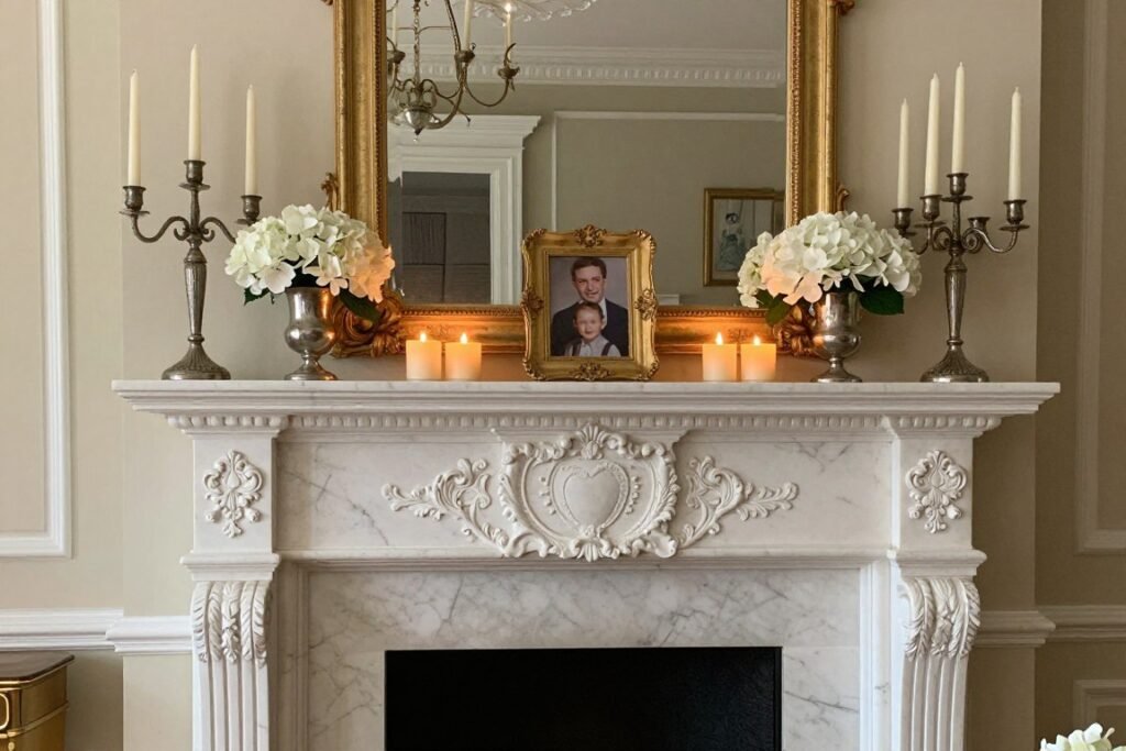 vintage wedding altar with antique mantel and fireplace