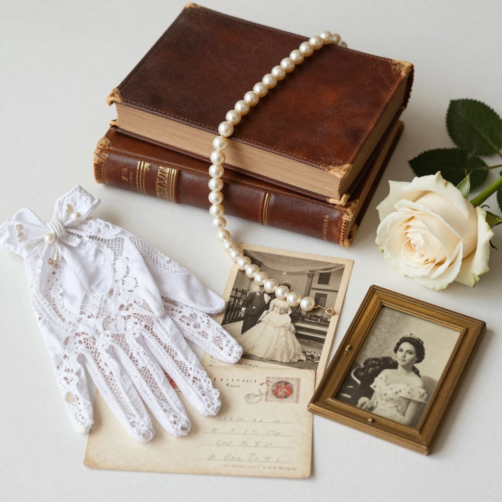 vintage wedding details with antique books, pearls, and lace