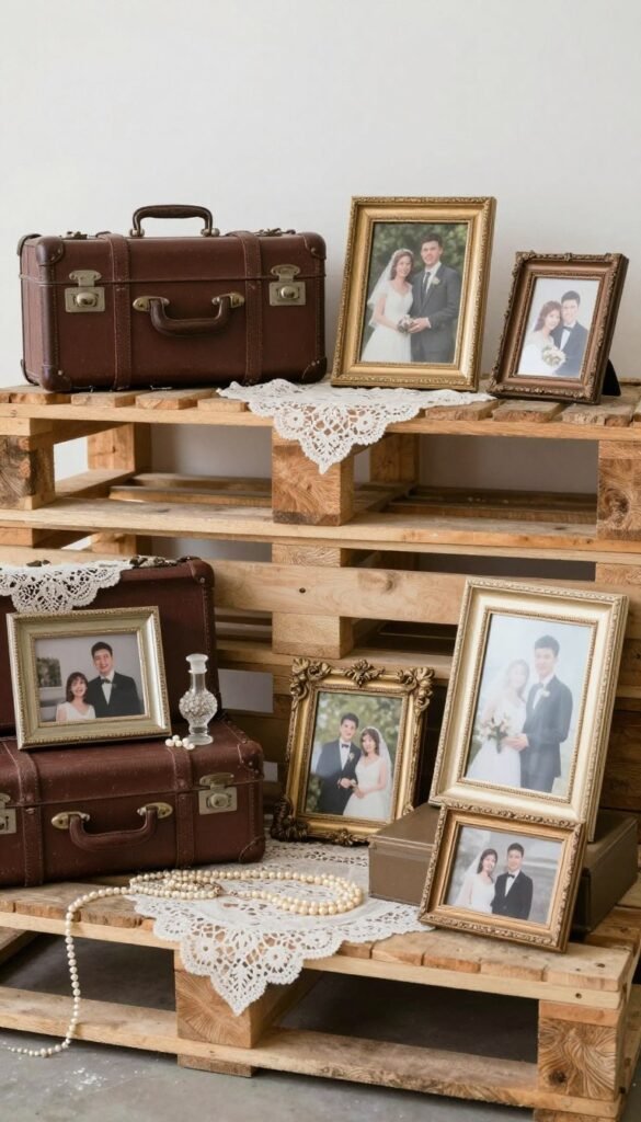 vintage wedding pallet display with antique items