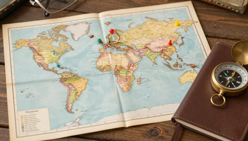 vintage world map with pins marking travel locations