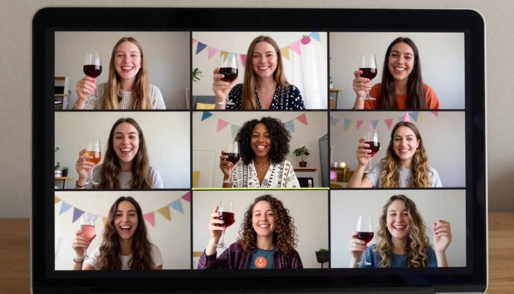 virtual bachelorette party video call with multiple screens showing guests virtual bachelorette party video call with multiple screens showing guests