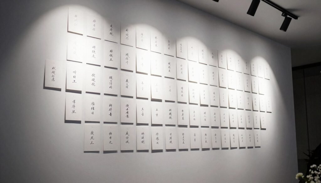 wall of escort cards arranged artistically