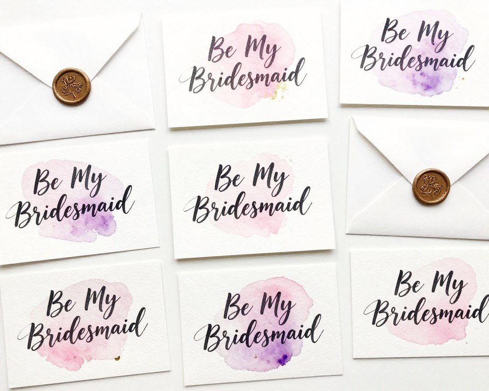 watercolor bridesmaid proposal cards with hand lettering