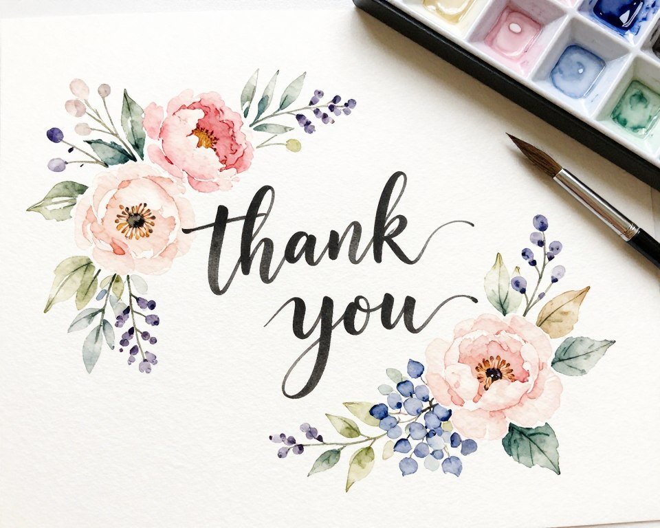 watercolor floral thank you card with loose botanical painting style in soft pastel colors
