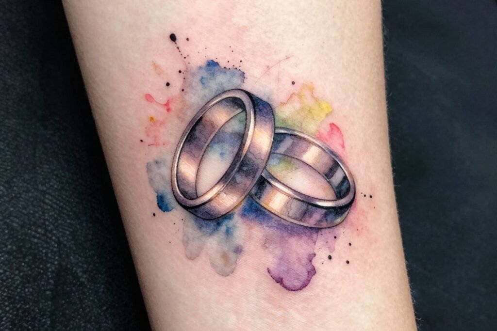 watercolor style wedding ring tattoo showing artistic colorful design