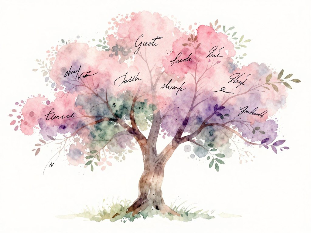watercolor tree illustration with delicate branches and guest signatures on leaves in soft pastel colors watercolor tree illustration with delicate branches and guest signatures on leaves in soft pastel colors