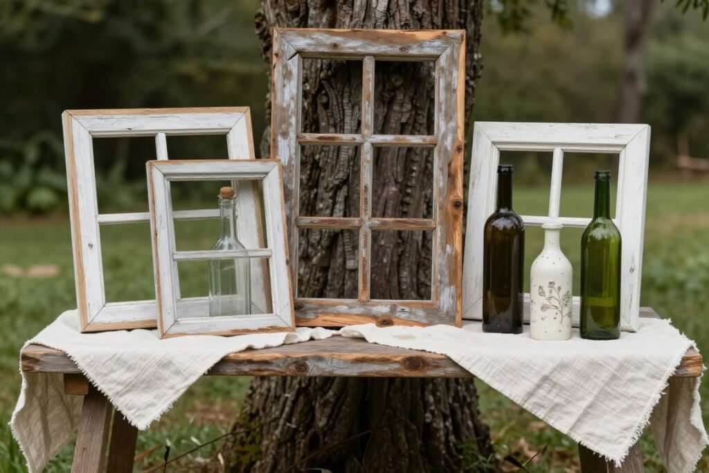 wedding altar made from repurposed and upcycled materials