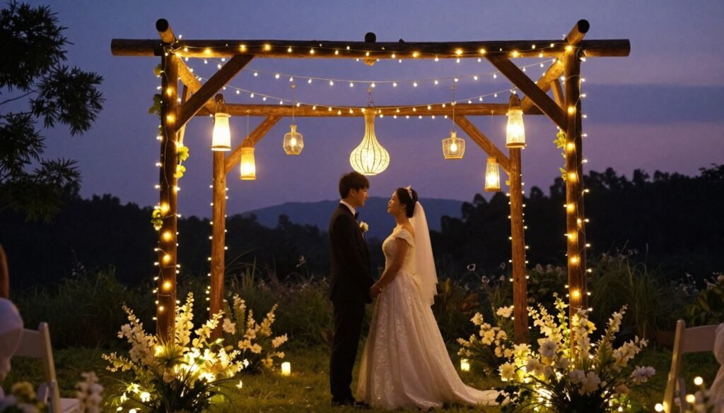 wedding altar with string lights and lanterns at twilight