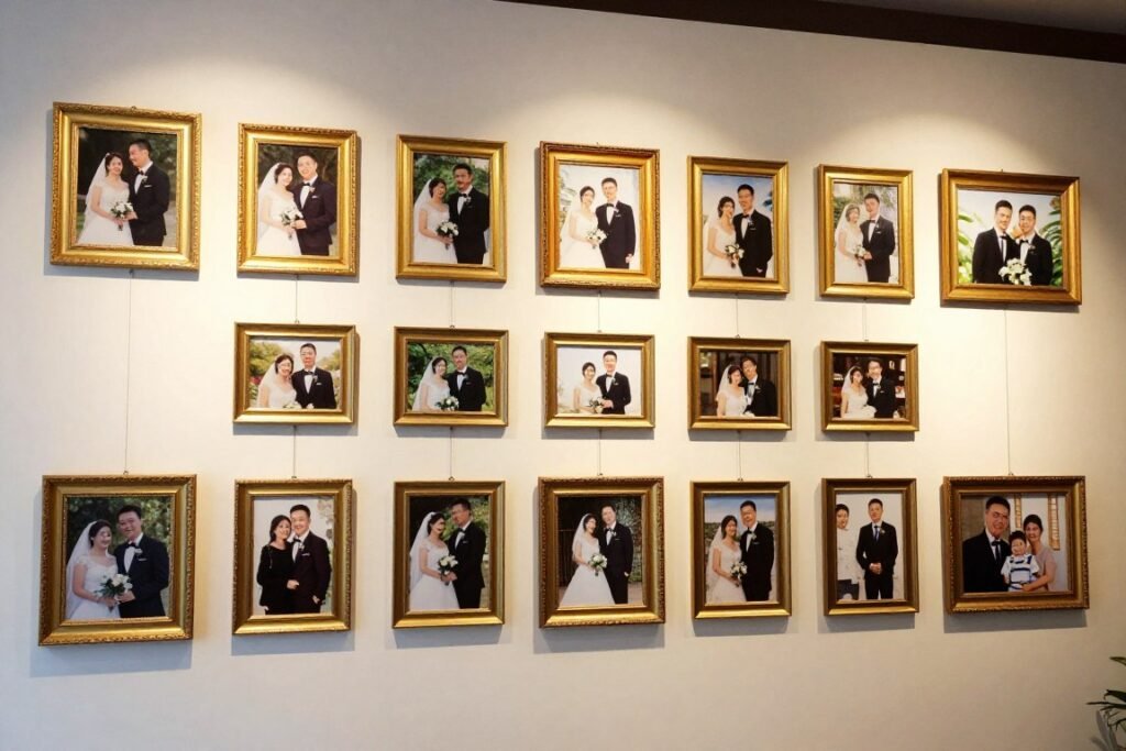 wedding anniversary photo display wall with timeline