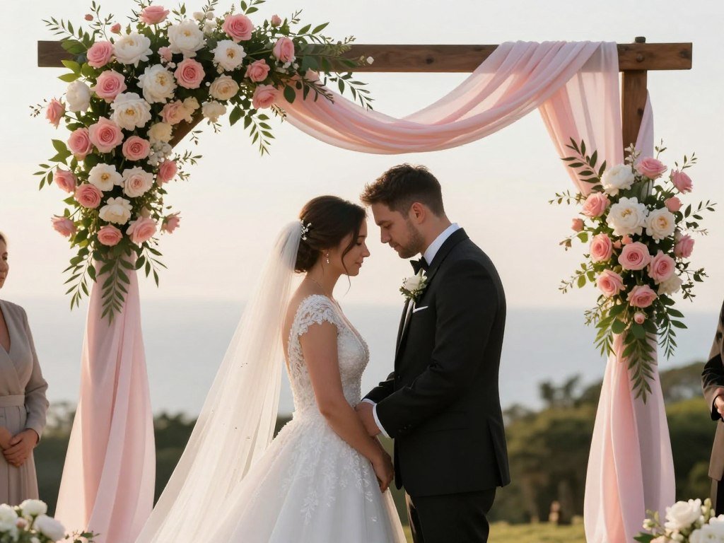 wedding arch framing couple during ceremony with flowers and fabric
