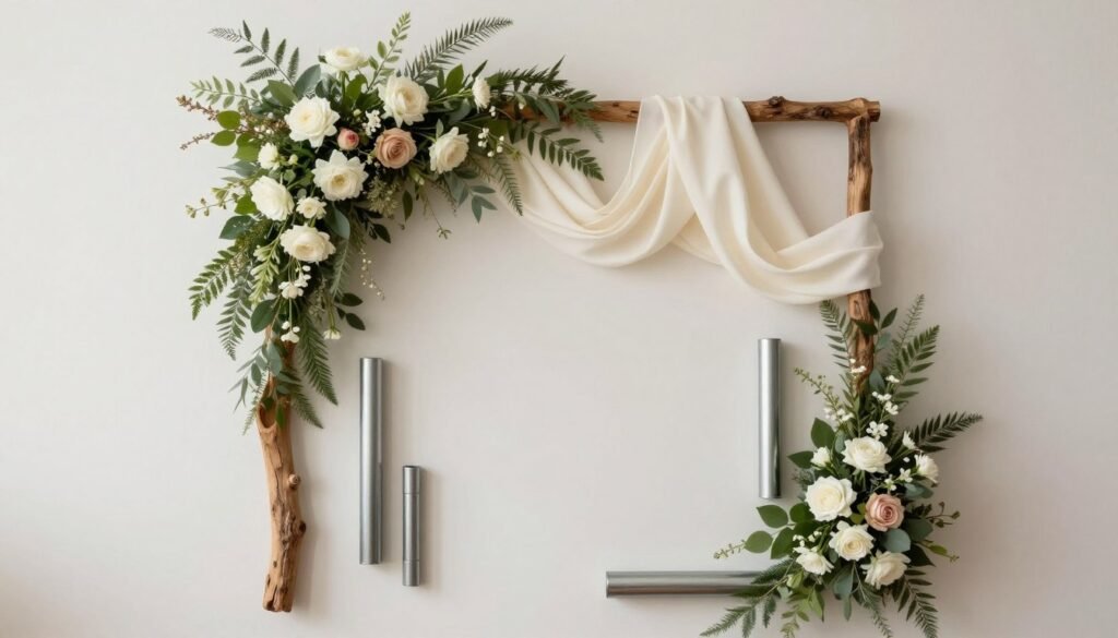 wedding arch materials including flowers fabric and wood