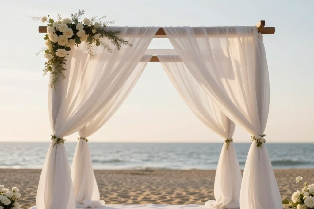 wedding arch with flowing fabric draping