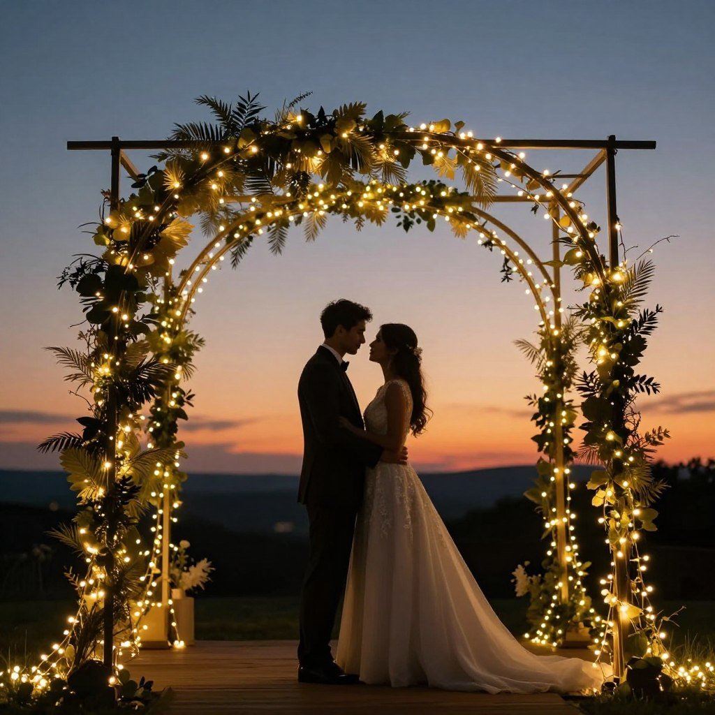 wedding arch with string lights at sunset