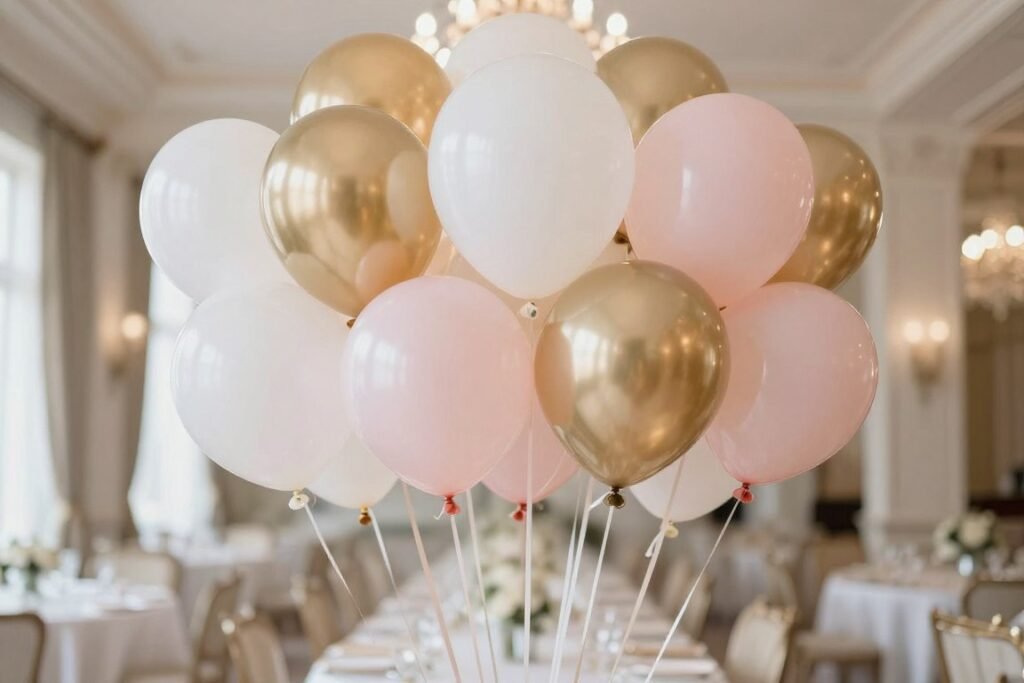 wedding balloon bouquet ideas with elegant white, gold, and blush pink balloons