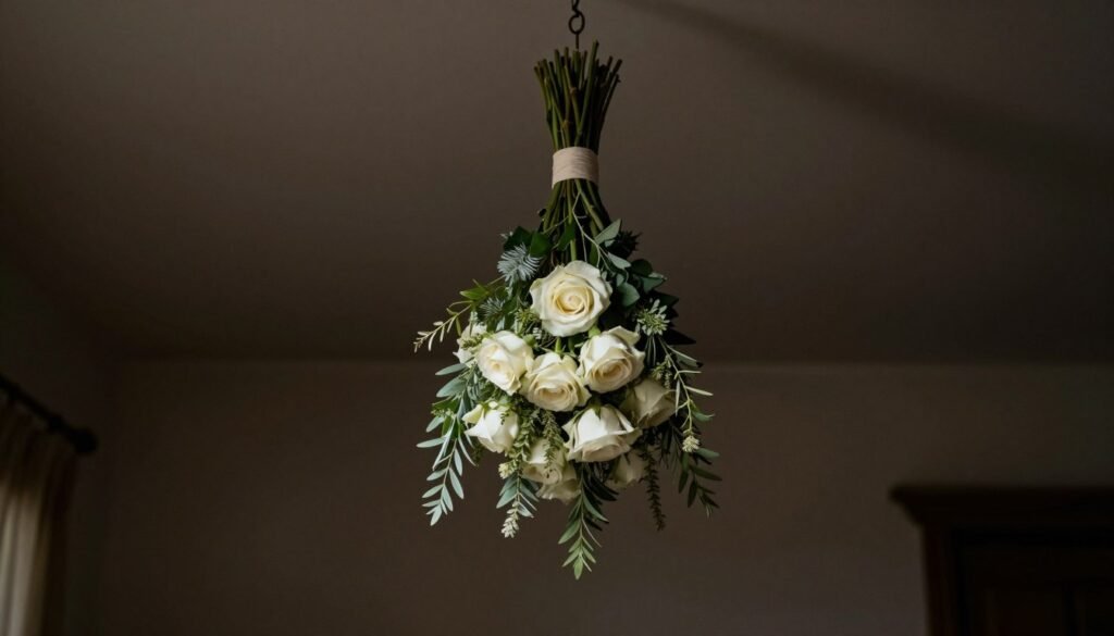 wedding bouquet hanging upside down to dry in dark room