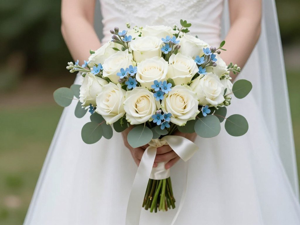wedding bouquet with blue forget-me-nots and white roses