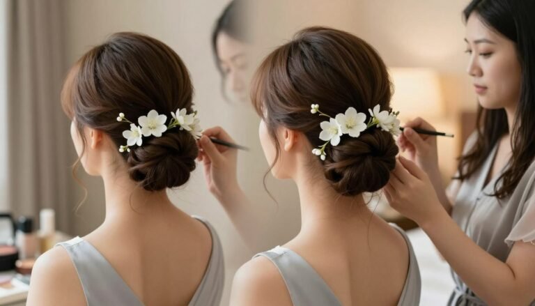 wedding bridesmaid hair elegant updo with flowers