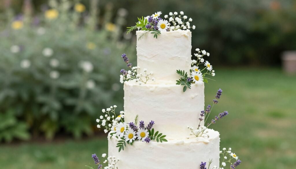 wedding cake decorated with fresh wildflowers and greenery
