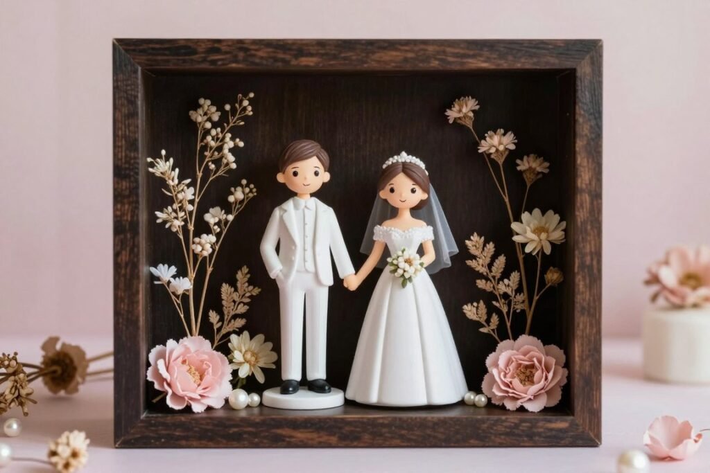 wedding cake topper displayed in shadow box with flowers