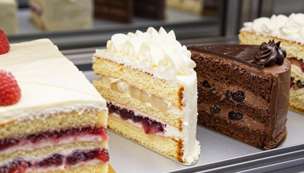 wedding cake with multiple flavors shown in cross-section display wedding cake with multiple flavors shown in cross-section display