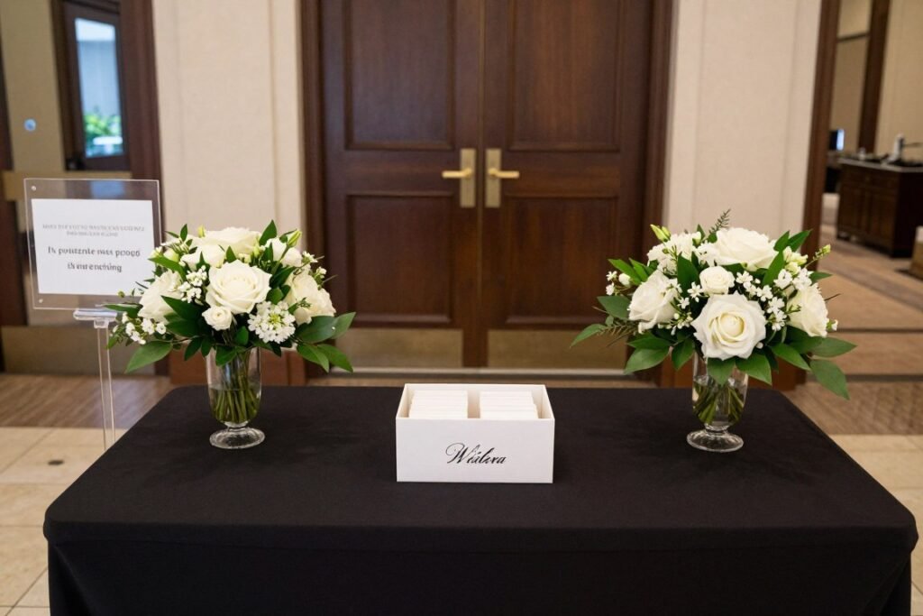 wedding card box properly displayed on decorated gift table at reception entrance wedding card box properly displayed on decorated gift table at reception entrance