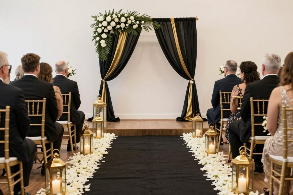 wedding ceremony aisle with black and gold decorations
