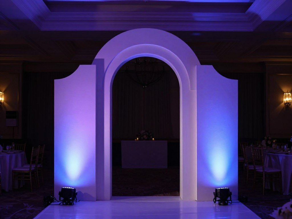 wedding ceremony backdrop with uplighting and dramatic shadows