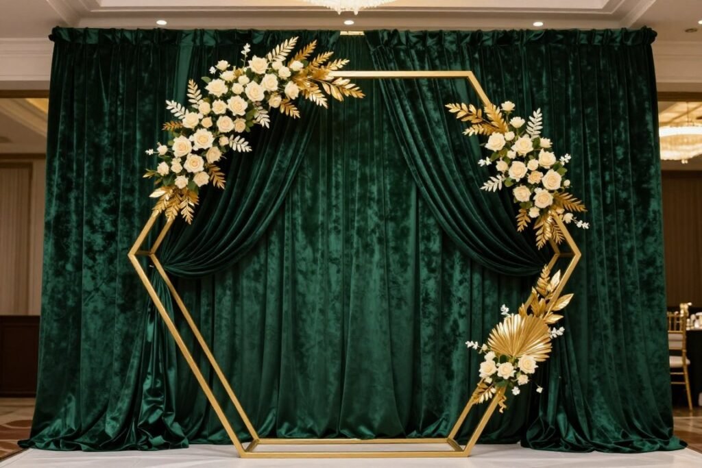 wedding ceremony backdrop with velvet draping and gold accents