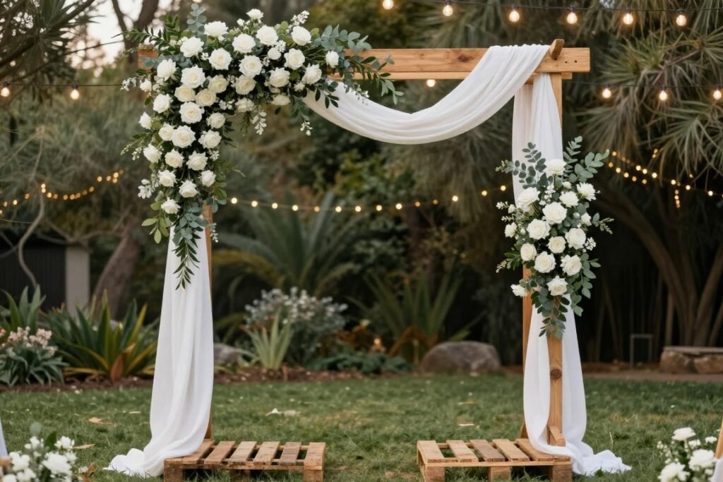 wedding ceremony pallet arch decorated with flowers