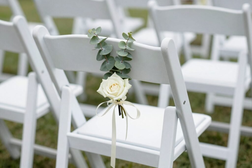 wedding chair with small flower and greenery decoration