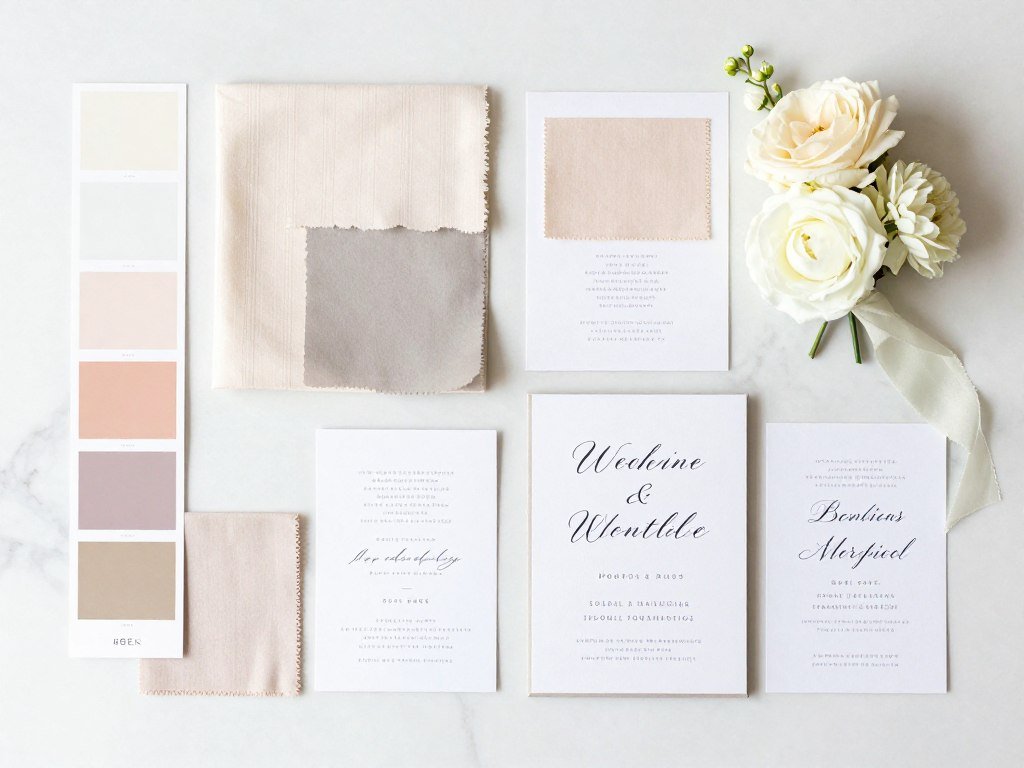 wedding color palette mood board with fabric swatches and flowers