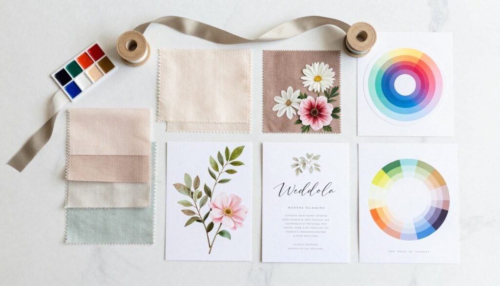 wedding color planning materials including swatches, ribbons, and samples