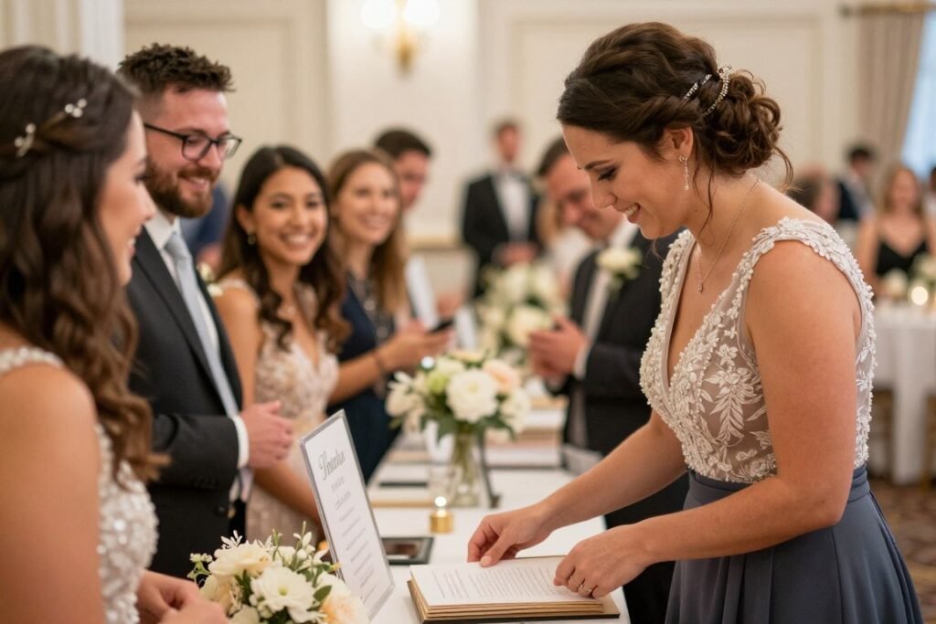 wedding coordinator helping guests at guest book station with clear instructions displayed wedding coordinator helping guests at guest book station with clear instructions displayed