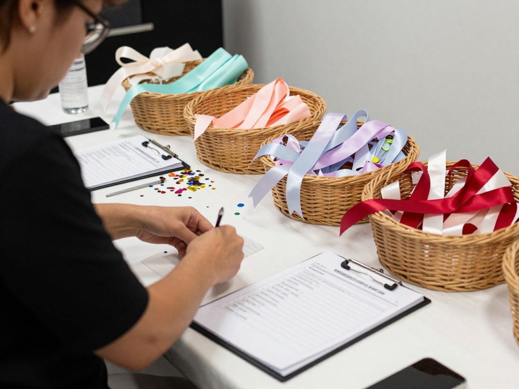 wedding coordinator helping organize send-off supplies on decorated table