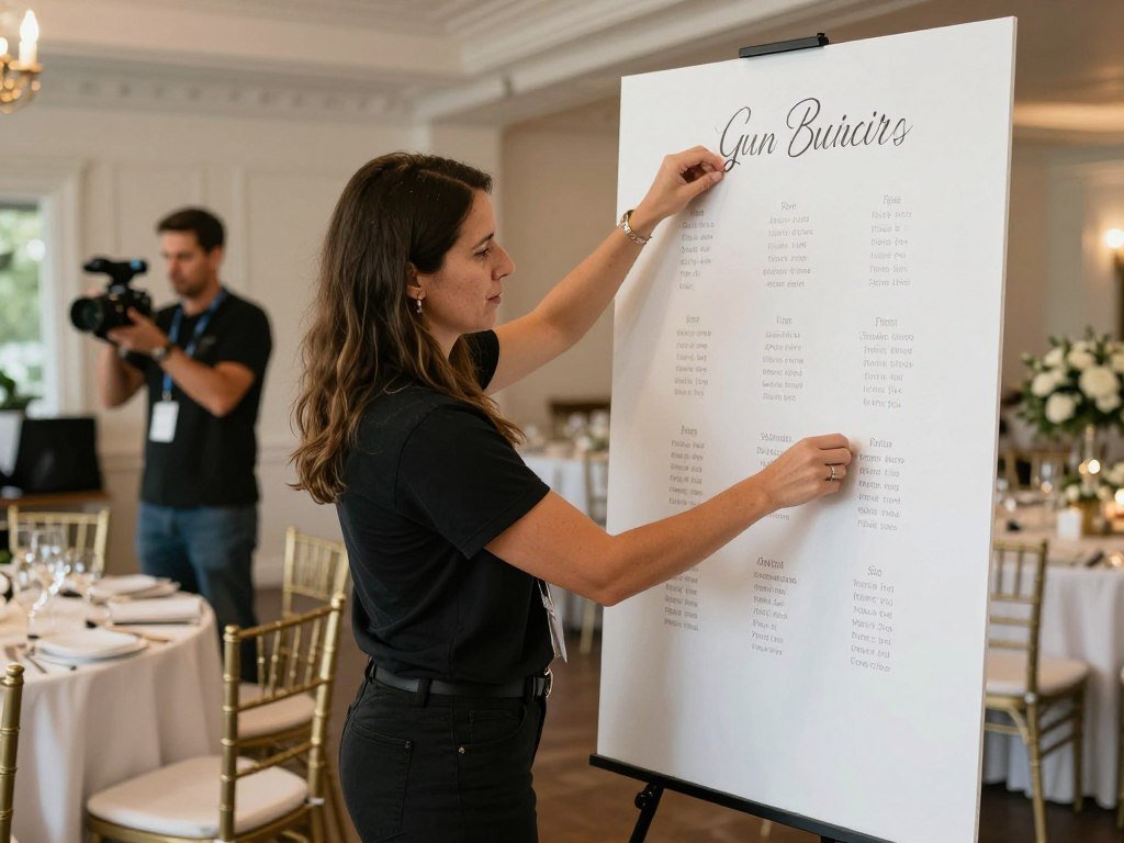 wedding coordinator setting up seating chart display wedding coordinator setting up seating chart display