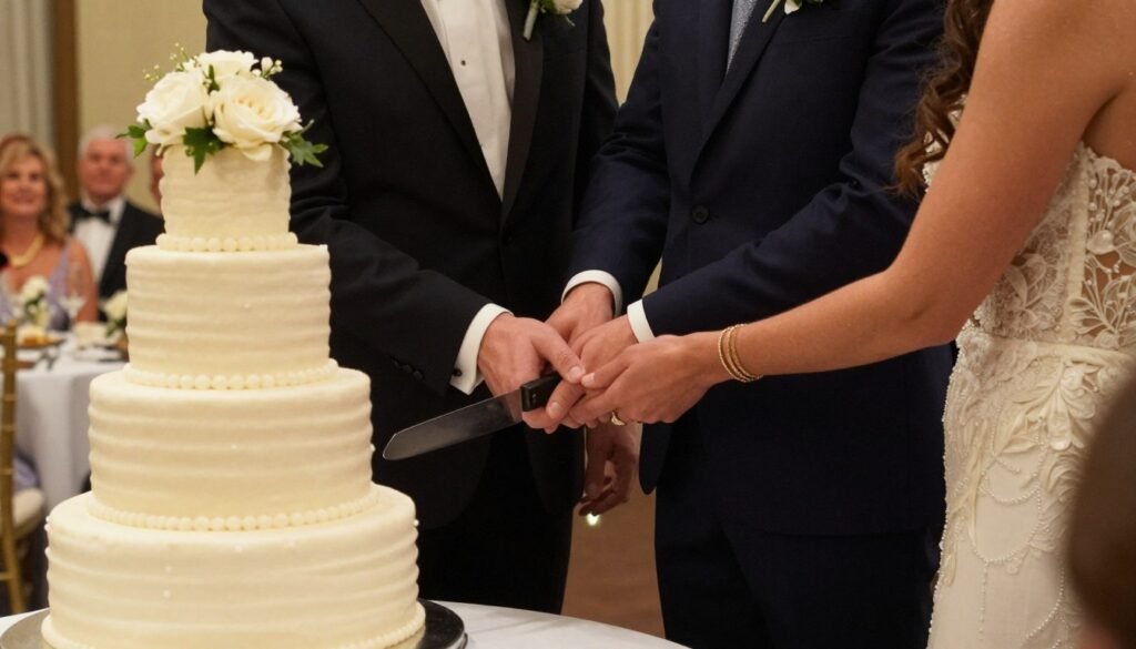 wedding couple cutting elegant three-tier cake during ceremony wedding couple cutting elegant three-tier cake during ceremony