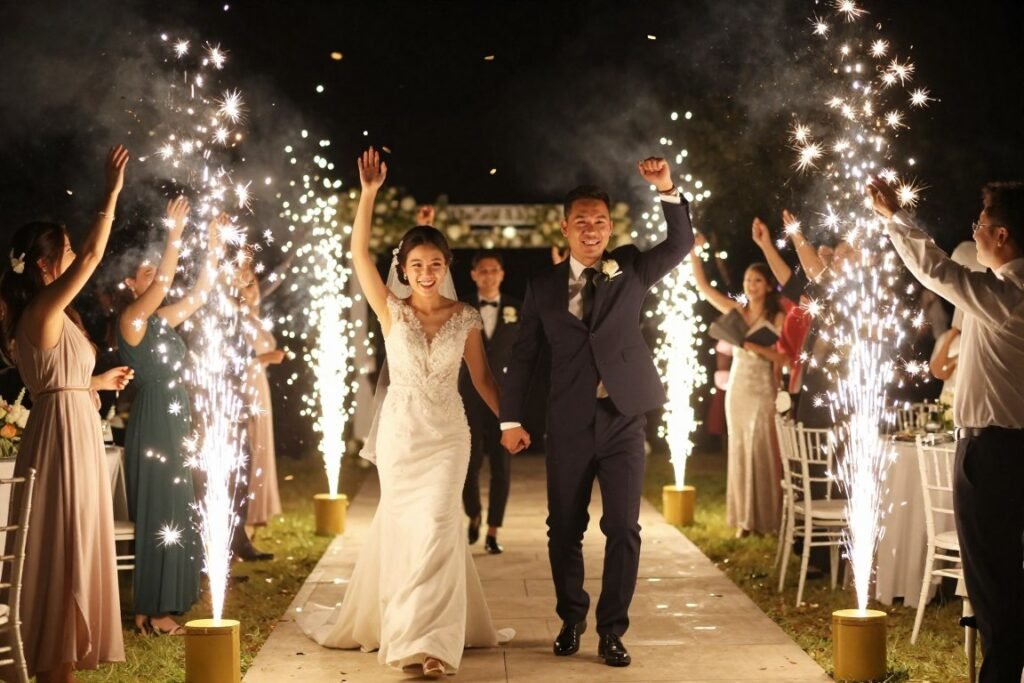 wedding couple making energetic entrance into reception