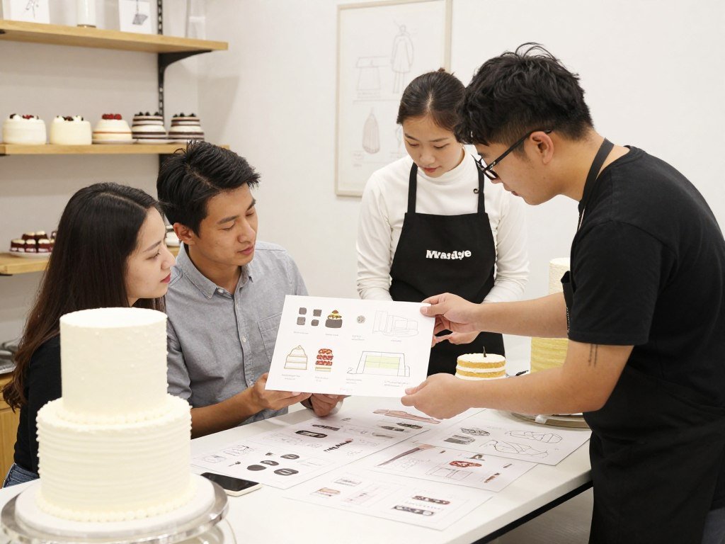wedding couple meeting with professional cake baker in consultation wedding couple meeting with professional cake baker in consultation