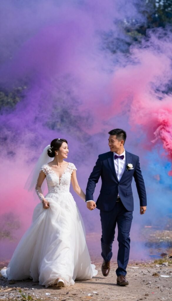 wedding couple running through colorful smoke bomb clouds