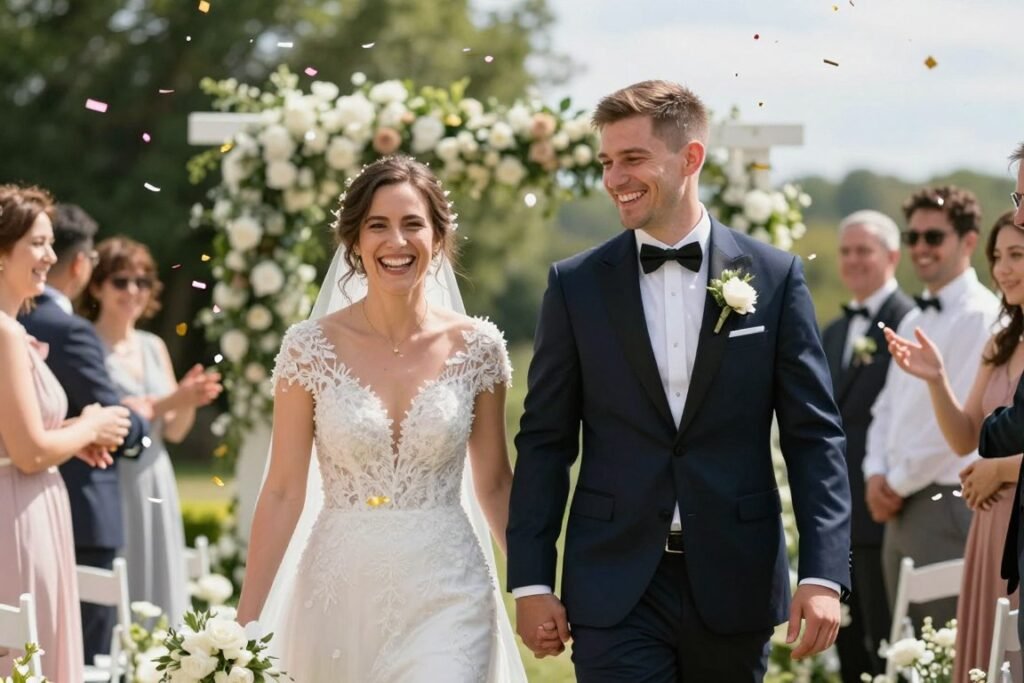 wedding couple showered with colorful biodegradable confetti during daylight ceremony