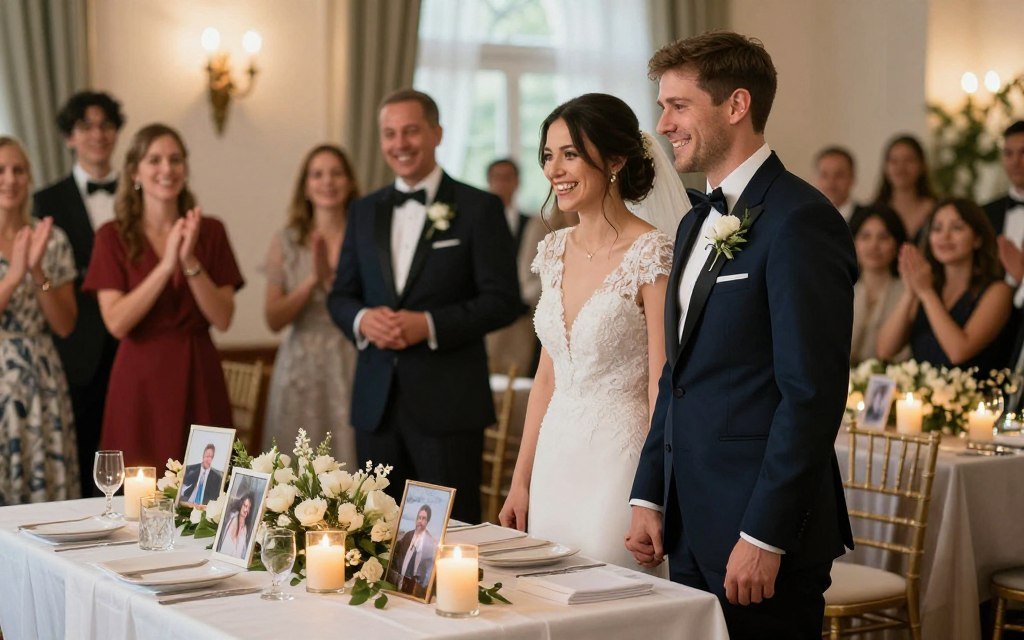 wedding couple smiling near memorial table