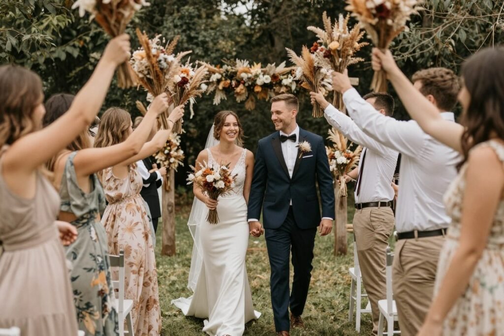 wedding couple walking through tunnel of guests holding natural dried flowers