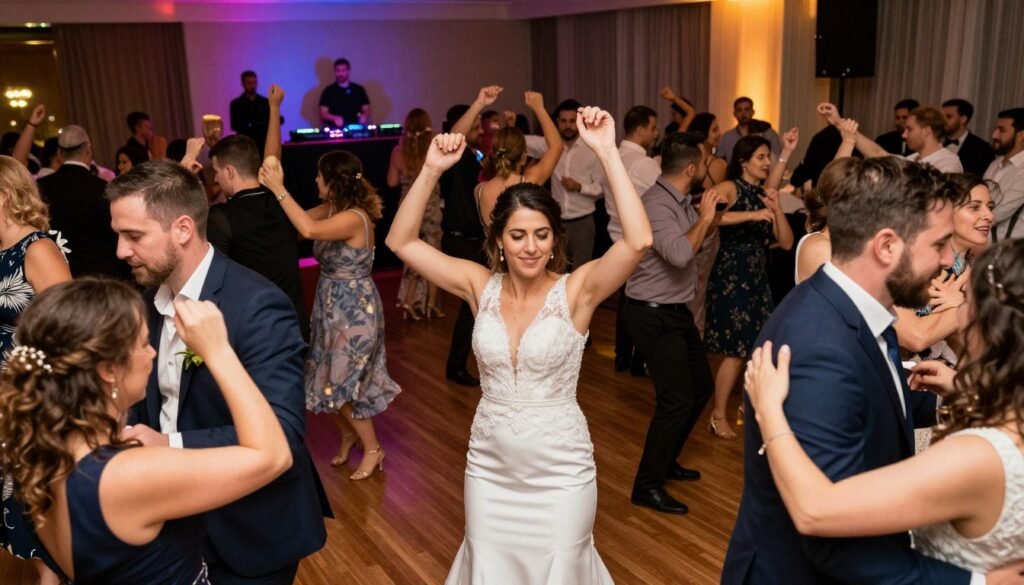 wedding dance floor filled with guests celebrating and dancing