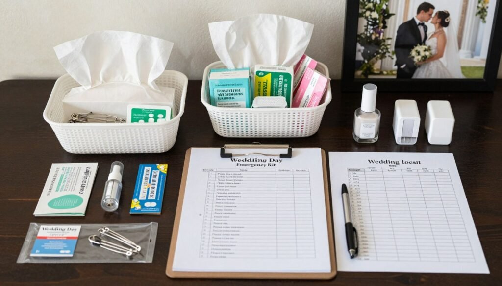 wedding day emergency kit and checklist on table
