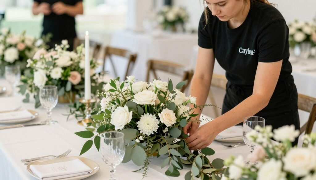wedding decorator professional setting up floral decorations wedding decorator professional setting up floral decorations