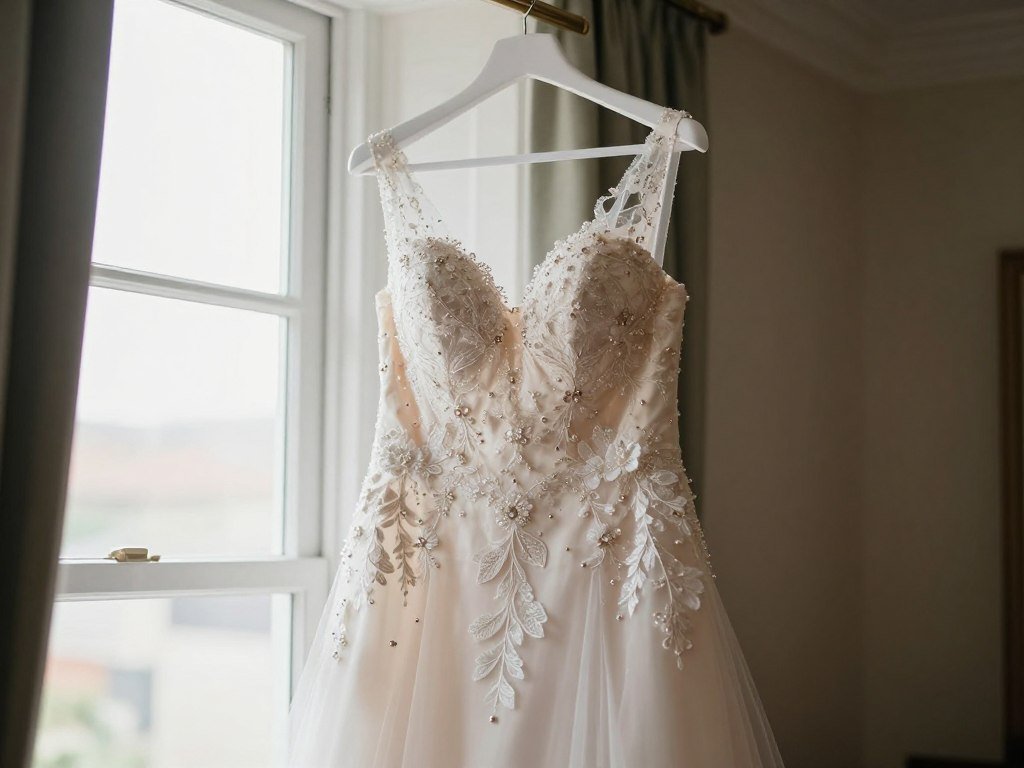 wedding dress hanging before ceremony