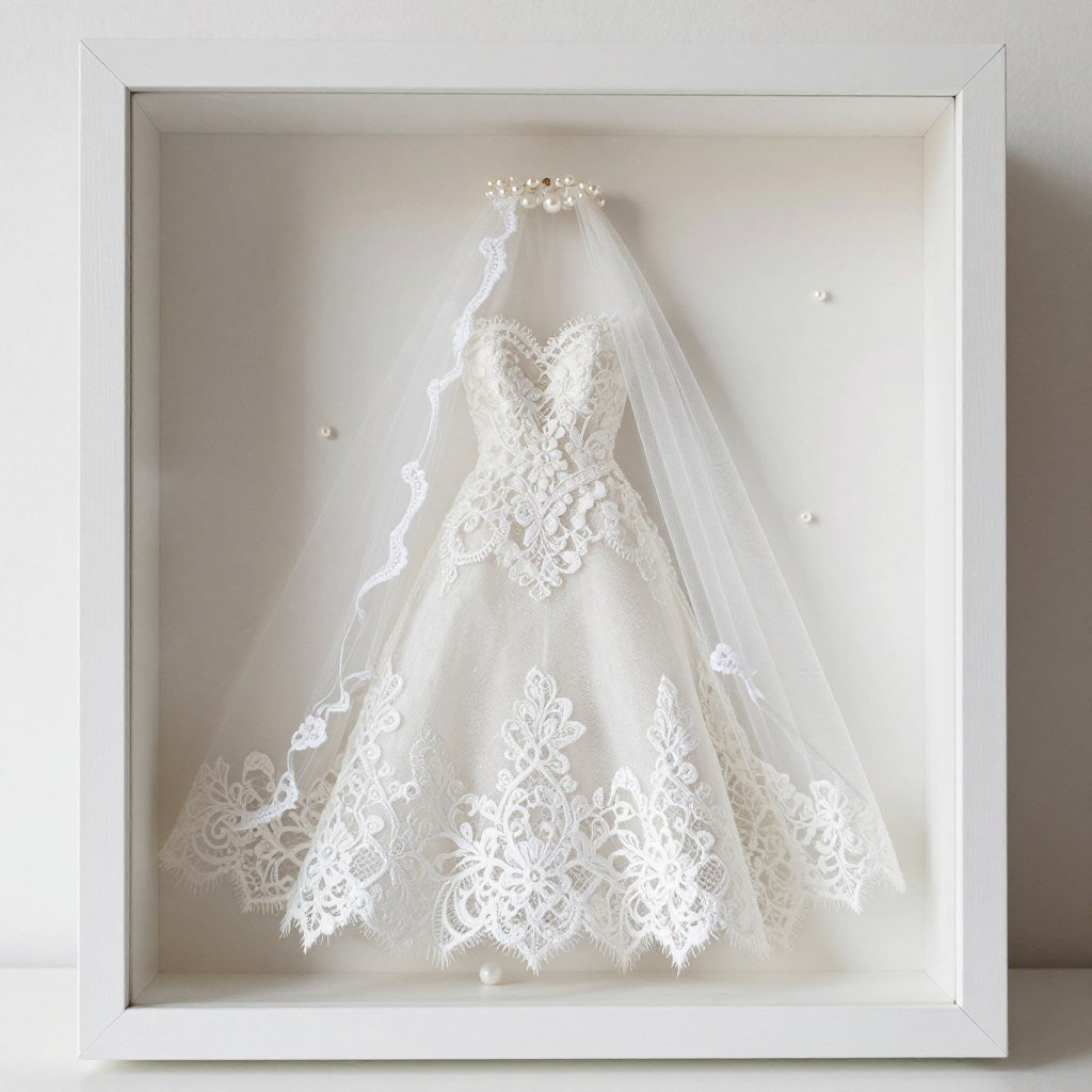 wedding dress lace and veil fabric displayed in shadow box