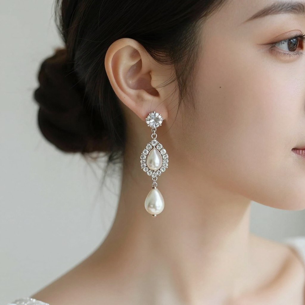 wedding drop earrings on bride's ear wedding drop earrings on bride's ear