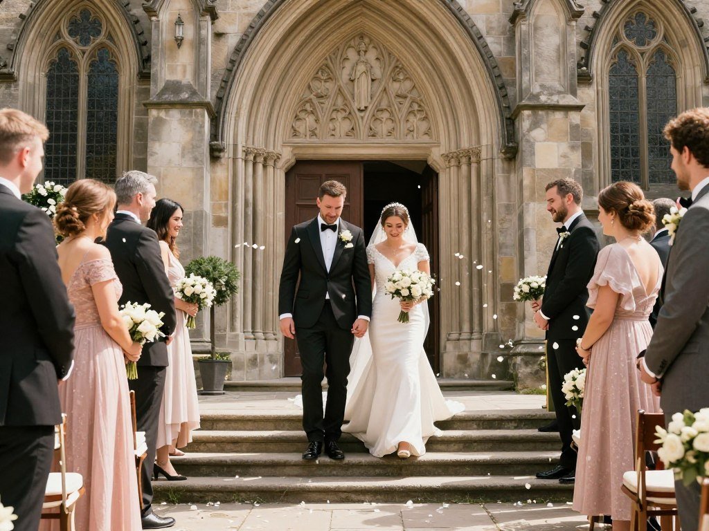 wedding exit from church with rose petals