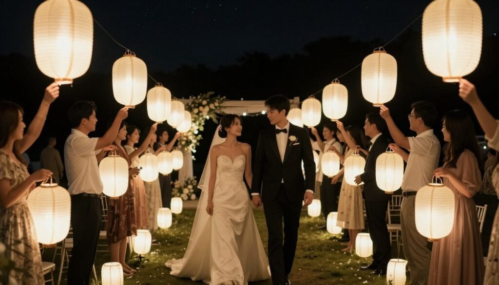wedding exit with lanterns at night
